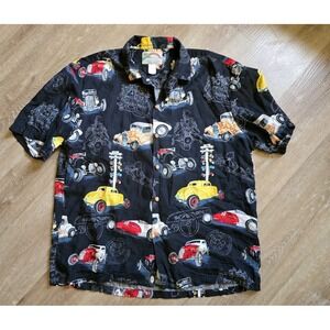 VINTAGE Paradise Found Hawaiian Shirt L Hot Rod Drag Racing Black Rayon Aloha L